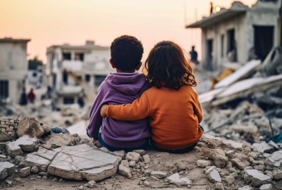 Capture the resilience of love and hope as a pair of children embrace amidst the wreckage of war, symbolizing the power of innocence in challenging times