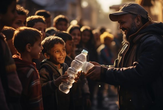 Volunteers distribute plastic bottles of water to refugee children on the hot streets of the refugee camp